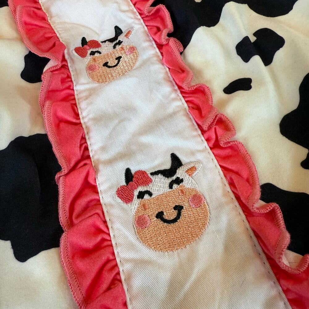 Kories Closet Cow Print Dress Spotted Embroidered Pink Ruffle Trim‎ Sz 12 18 Mos - Picture 5 of 11
